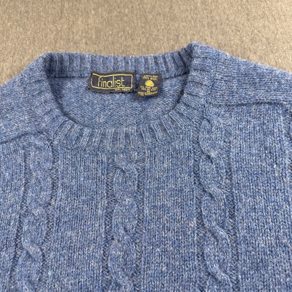 Finalist Mens Blue 100%‎ Shetland Wool Cable Knit Crew Neck Sweater Medium Vtg